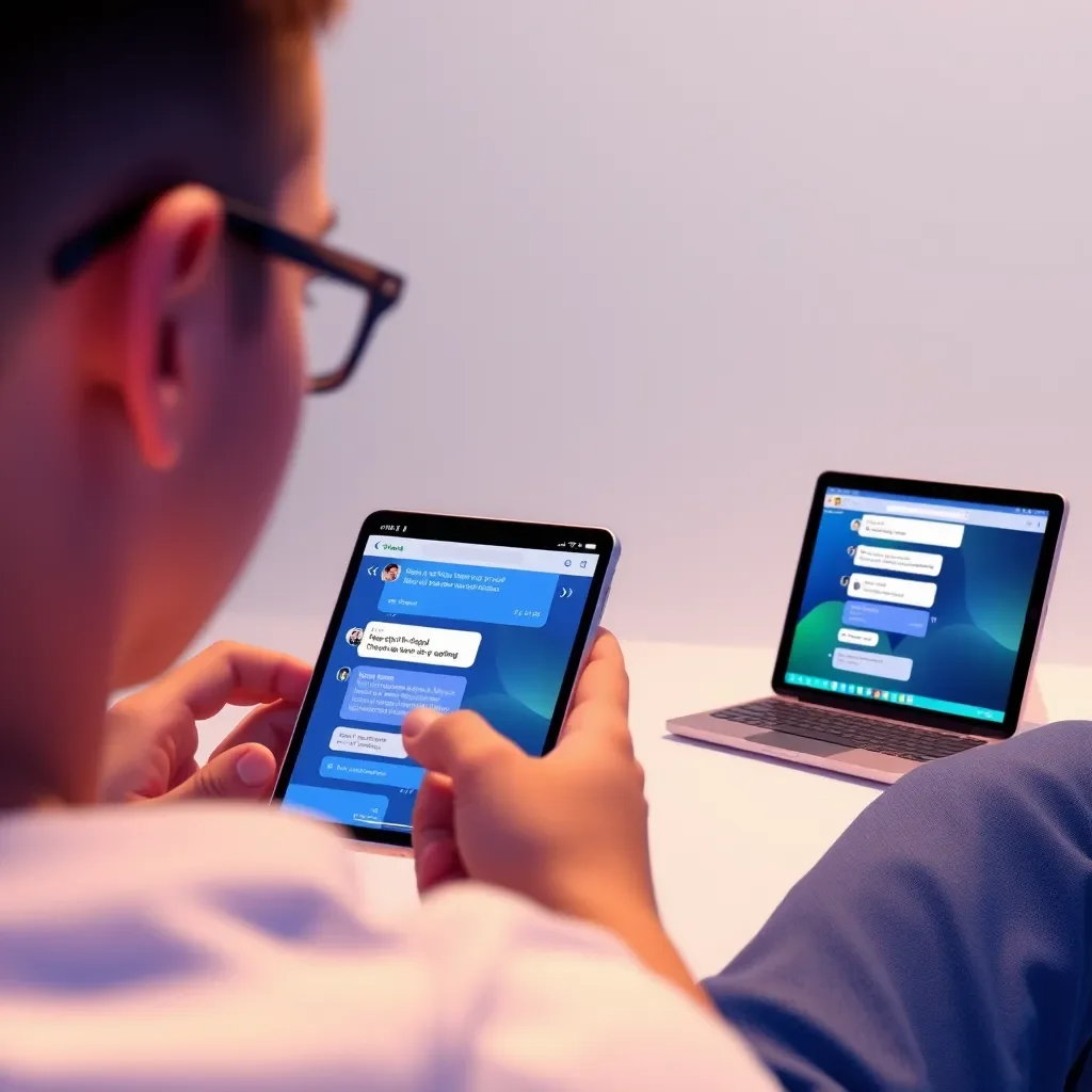 A photorealistic illustration of a customer interacting with a website on their phone, seamlessly transitioning to a tablet, and finally to a desktop, with the chat window following them across devices, maintaining the conversation flow and context. The background should show a soft gradient, symbolizing the smooth transition between devices.